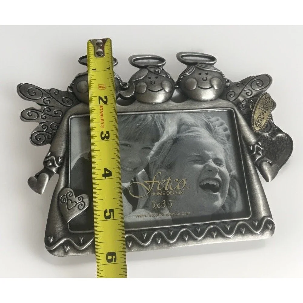 Vintage Fetco Pewter Grandkids Angel Picture Frame with Heart Charm 5x3.5 Photo